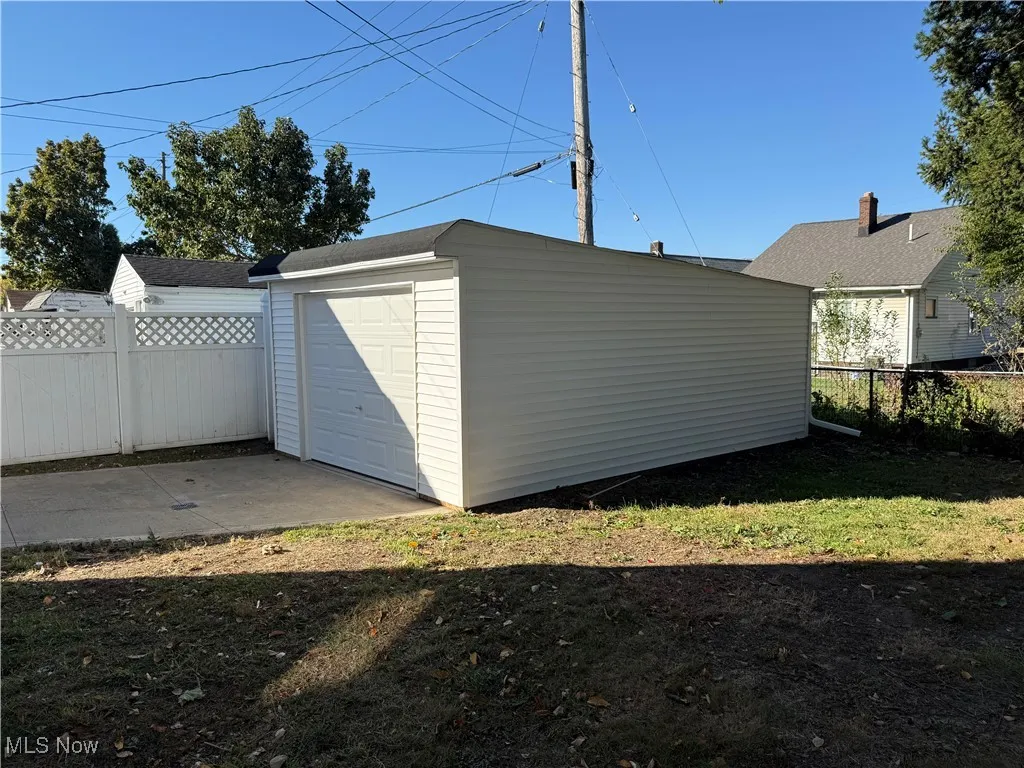 View of outbuilding with a fenced backyard