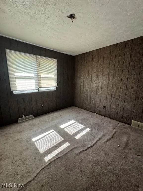 Carpeted spare room with a textured ceiling and wood walls