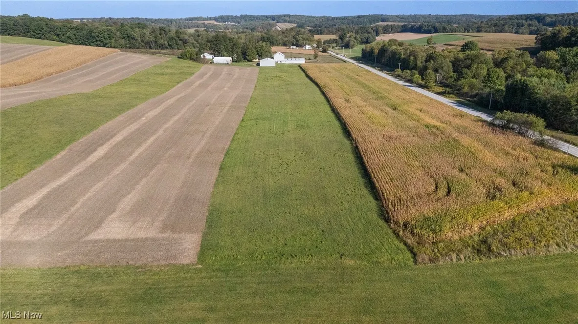 Aerial view of sparsely populated area with large plots for crops
