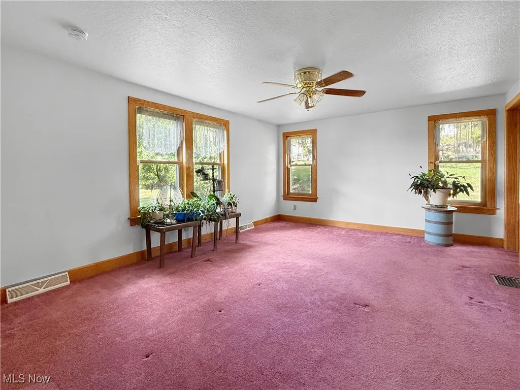 Carpeted spare room with plenty of natural light, a textured ceiling, and a ceiling fan