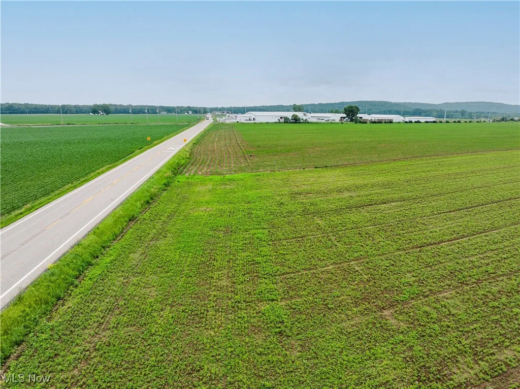 Aerial view of sparsely populated area with rows of crops