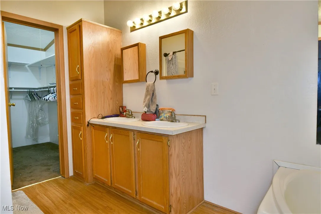Bathroom featuring light wood-type flooring, a walk in closet, double vanity, and a bath