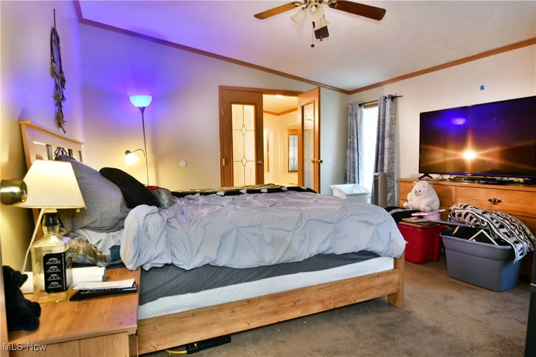 Bedroom featuring crown molding, carpet flooring, and a ceiling fan