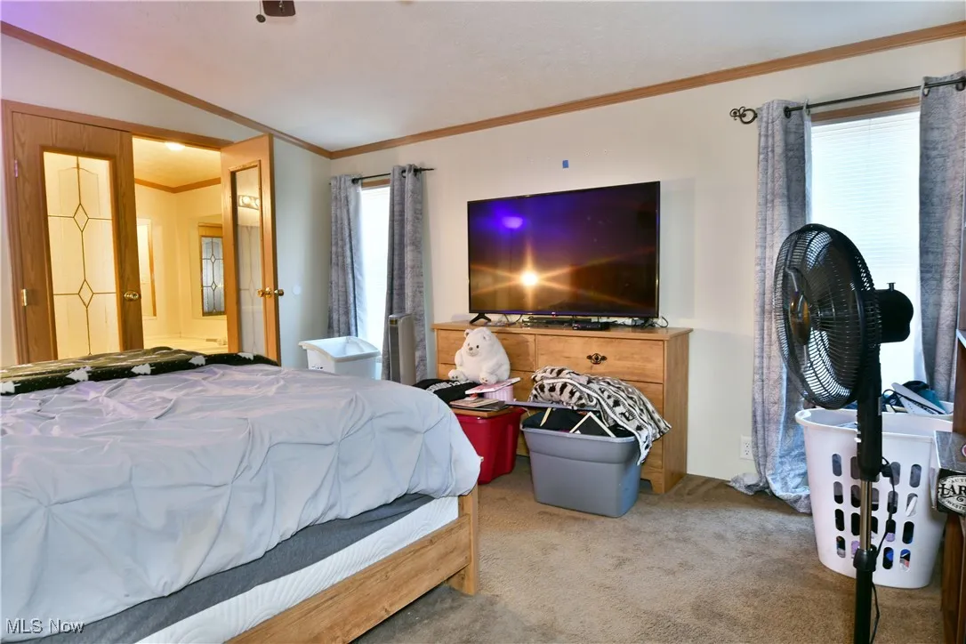 Bedroom with crown molding, carpet flooring, and ensuite bath