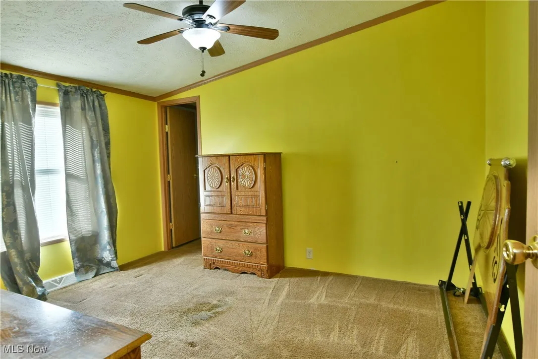 Unfurnished bedroom featuring ornamental molding, carpet floors, a textured ceiling, and ceiling fan