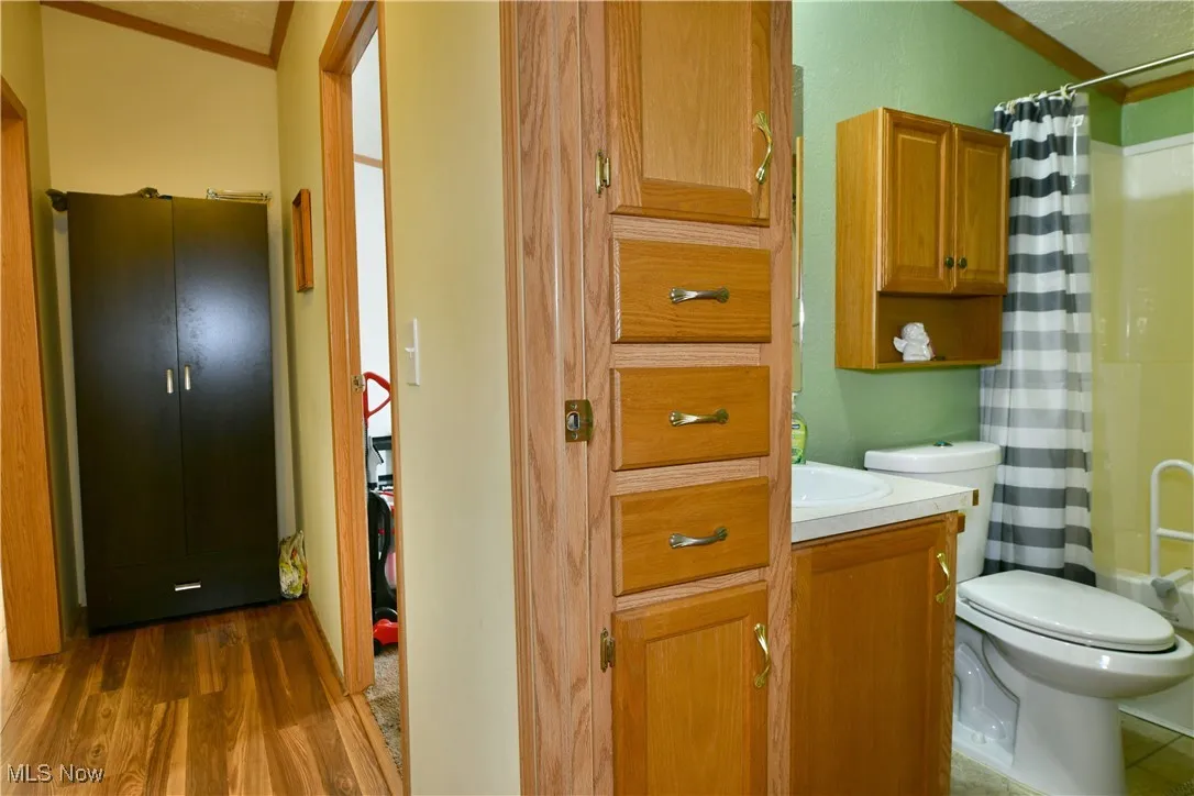 Full bathroom featuring vanity, curtained shower, ornamental molding, wood finished floors, and a textured ceiling