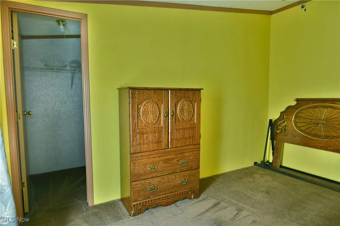 Bedroom with carpet and a walk in closet