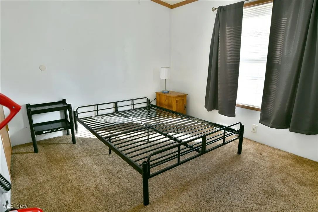 Bedroom featuring light colored carpet and ornamental molding