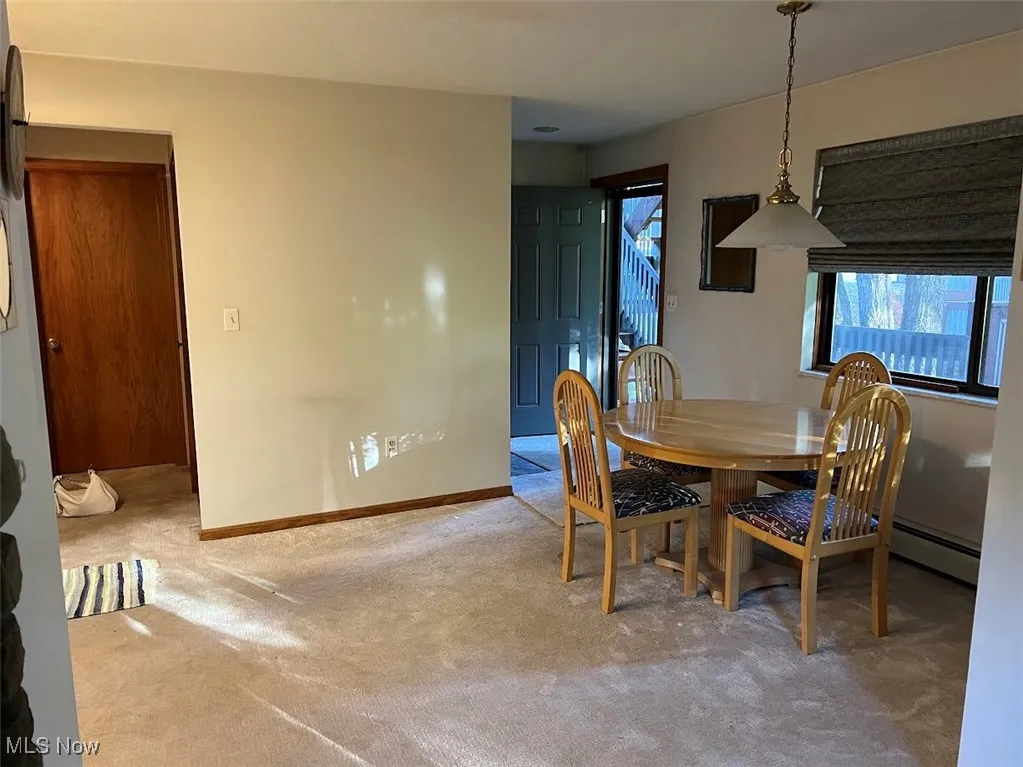 Carpeted dining area featuring baseboards and baseboard heating