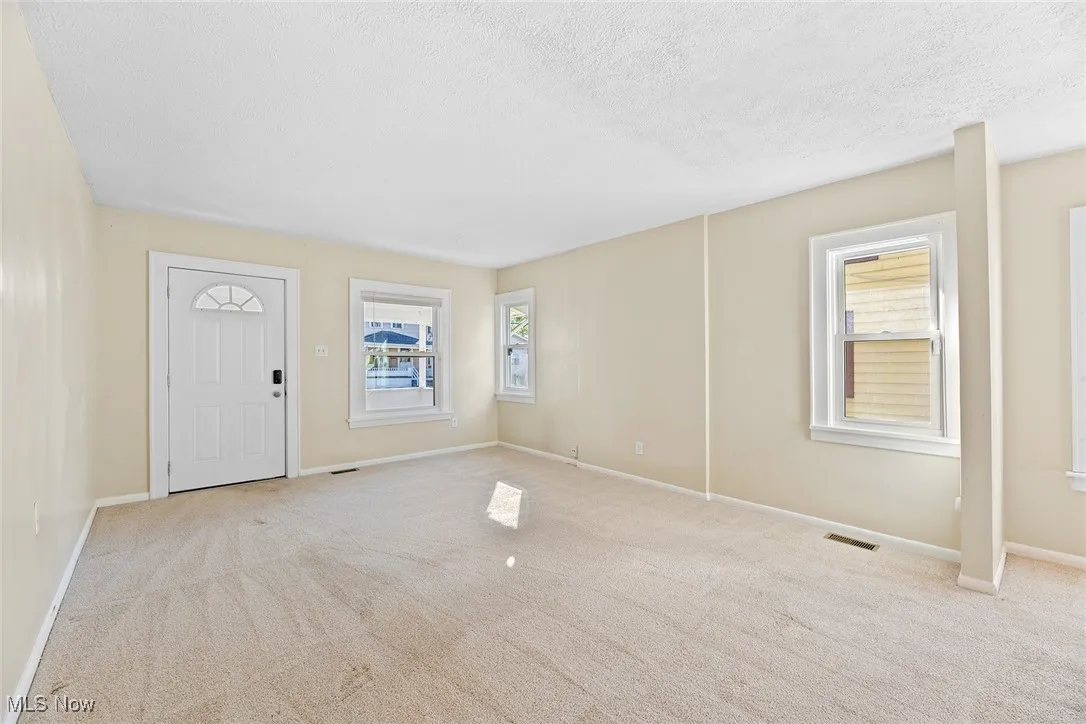 Entrance foyer with carpet flooring, healthy amount of natural light, and a textured ceiling