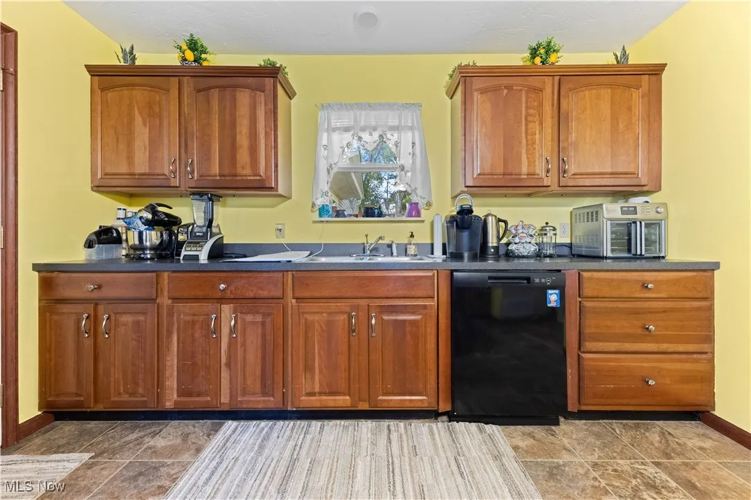 Kitchen featuring dishwasher, dark countertops, and brown cabinets