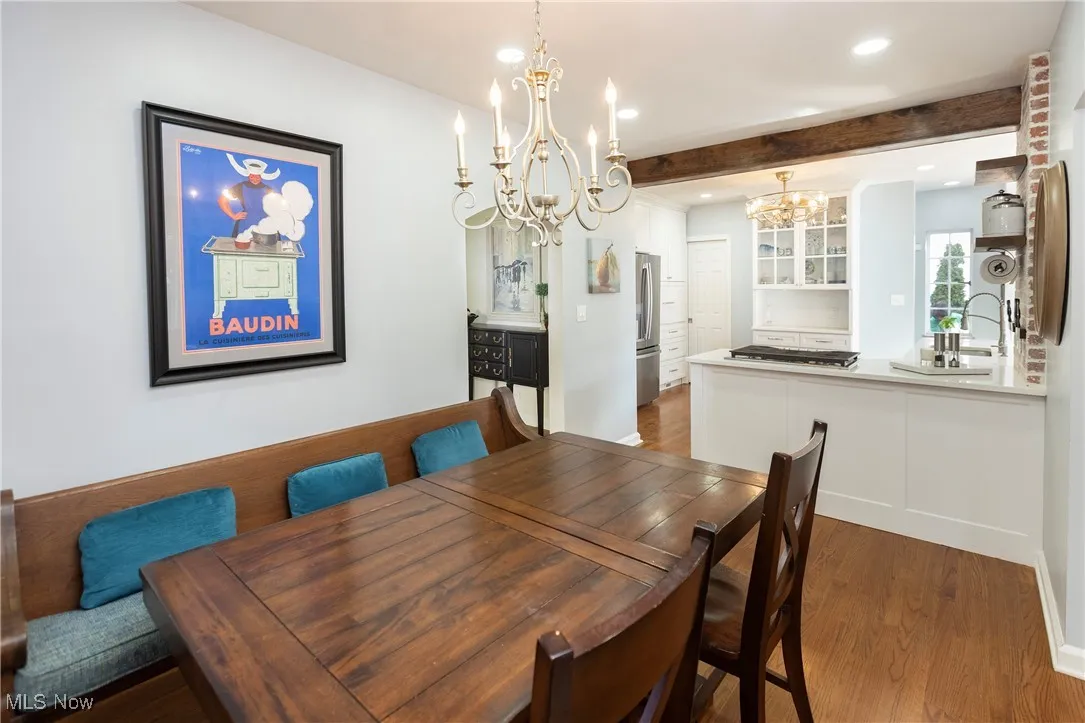 The transitional dining area seats 8 for gatherings large and small