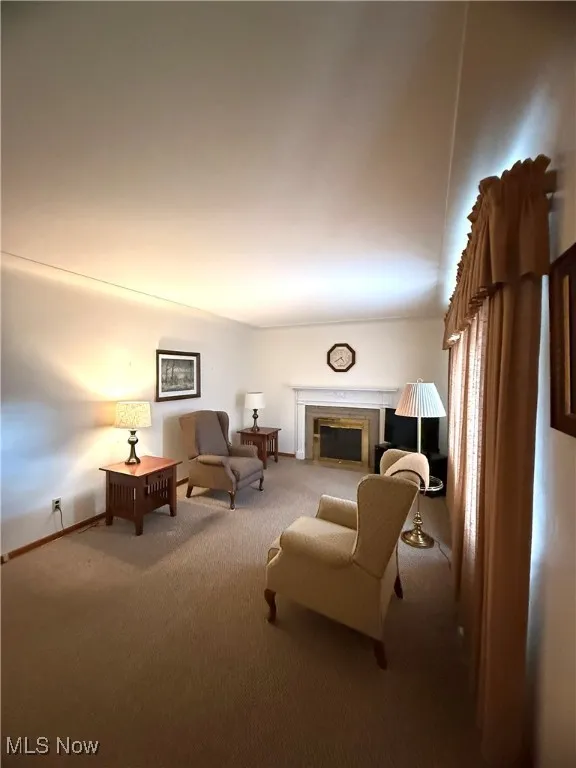 Carpeted living area featuring a fireplace