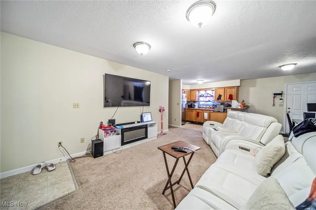 Living room featuring a textured ceiling and light colored carpet