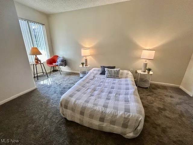 Bedroom featuring dark colored carpet and a textured ceiling