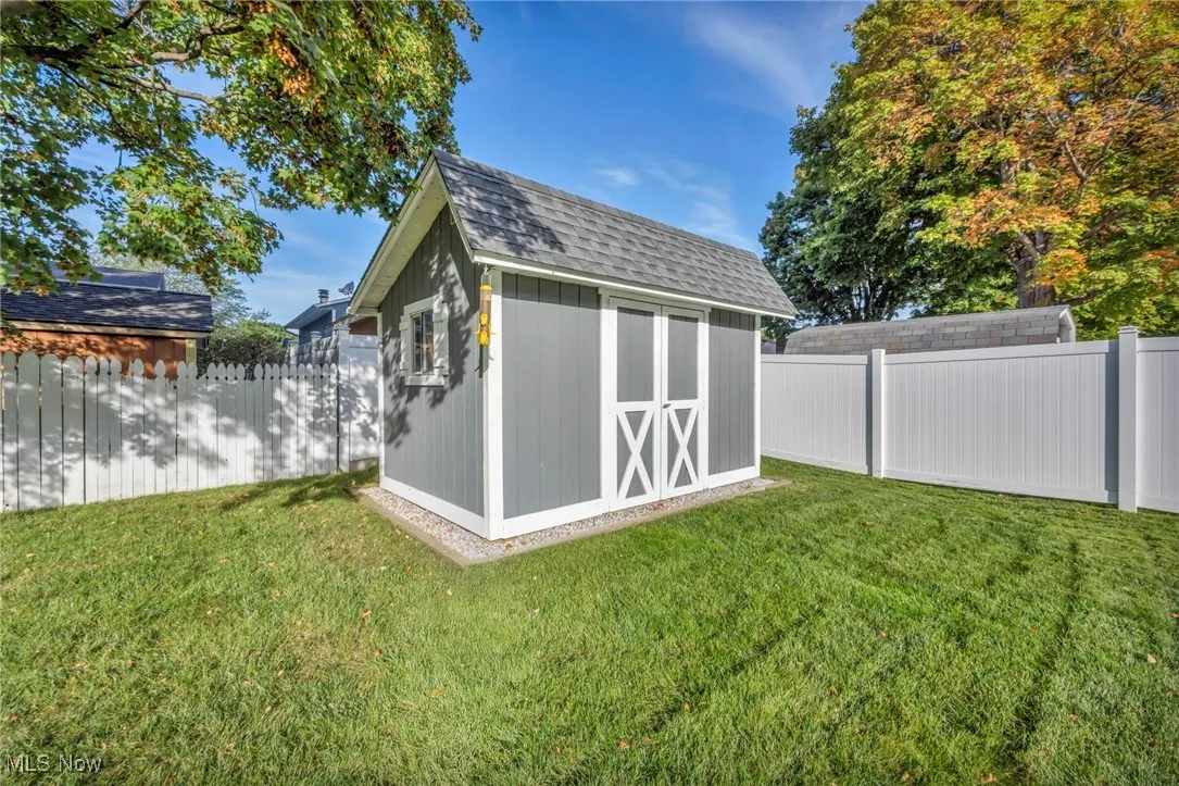 View of shed with a fenced backyard