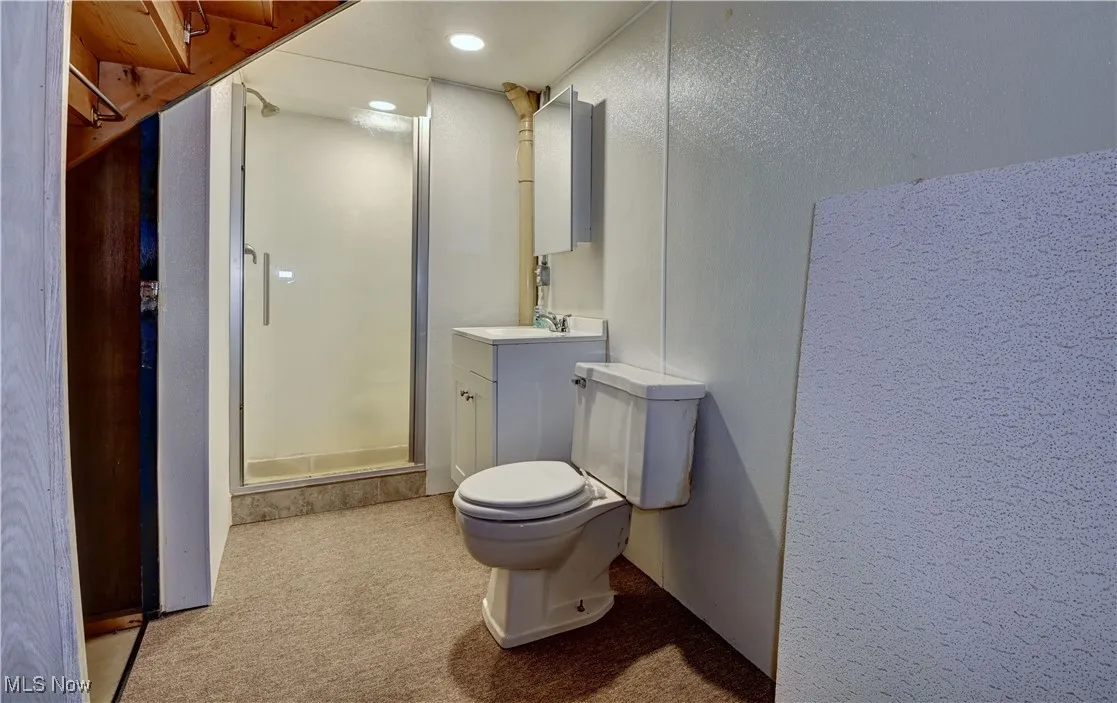 Bathroom with vanity, a shower stall, light colored carpet, a textured wall, and recessed lighting