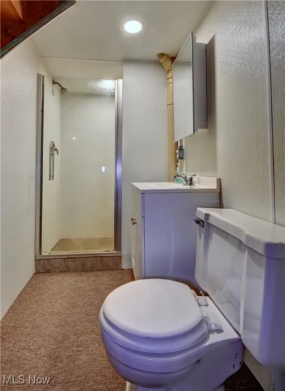 Bathroom with a shower stall, vanity, a textured wall, carpet floors, and recessed lighting