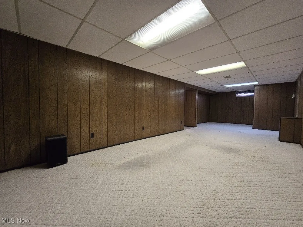 Finished Lower Level with wood paneled walls, light carpet, and a drop ceiling.