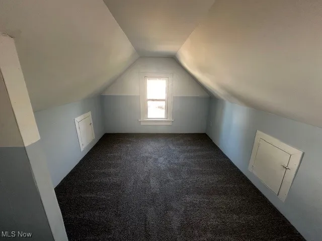 Additional living space featuring dark carpet and lofted ceiling