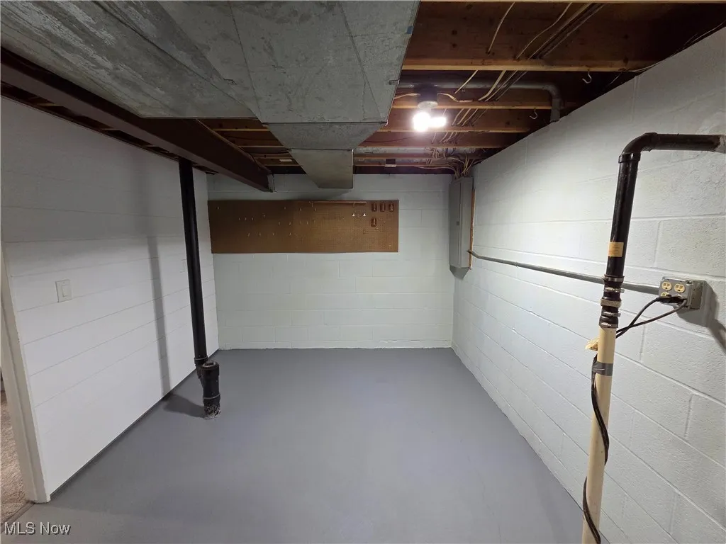 Unfinished basement featuring electric panel