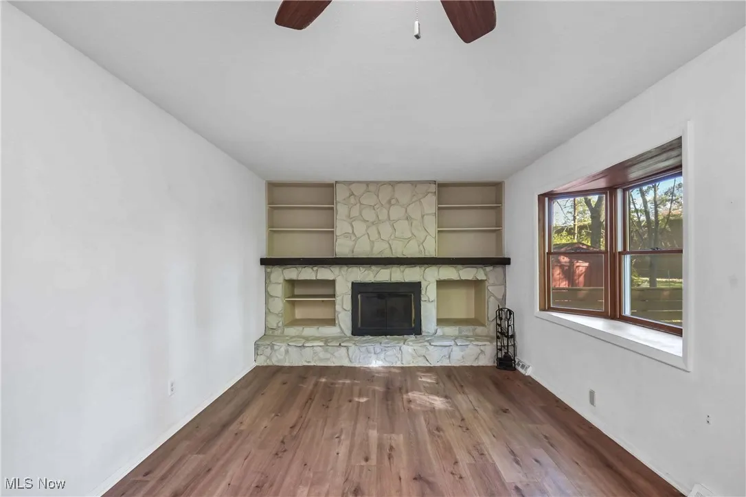 Wood burning fireplace in family room