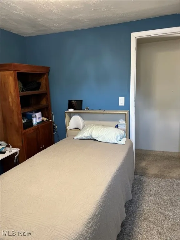 Bedroom with a textured ceiling and carpet floors