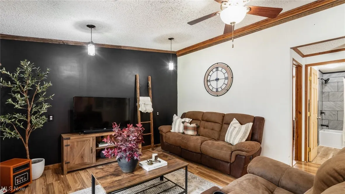 Living area with a textured ceiling, crown molding, wood finished floors, and a ceiling fan