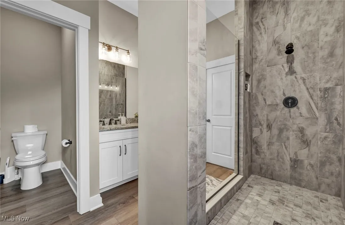 Full bathroom featuring a shower stall, vanity, and light wood-style flooring