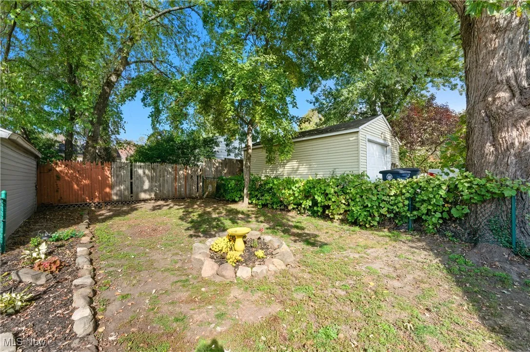 Fenced backyard featuring an outdoor structure