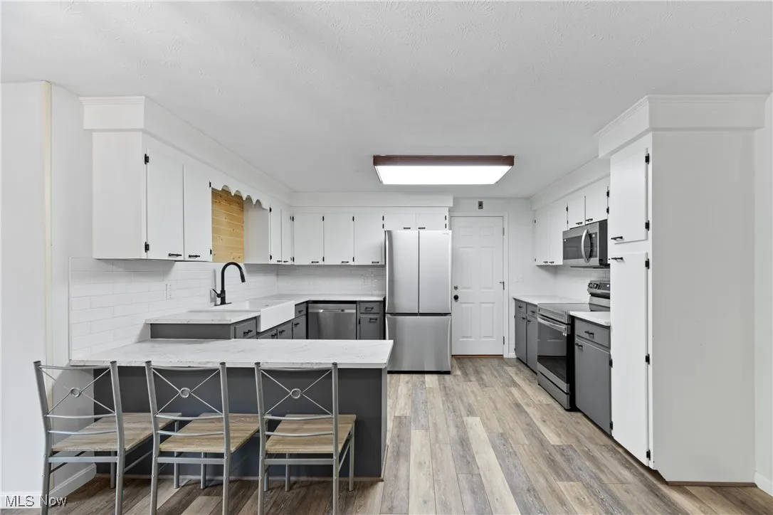 Kitchen with backsplash, stainless steel appliances, a peninsula, and light wood finished floors