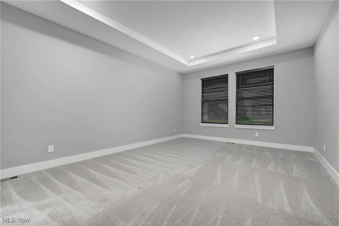 Spare room featuring light colored carpet, a tray ceiling, and recessed lighting