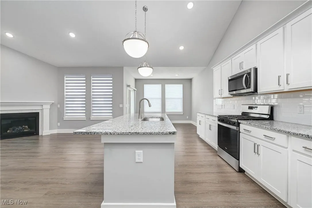 Kitchen with appliances with stainless steel finishes, recessed lighting, decorative light fixtures, a glass covered fireplace, and open floor plan
