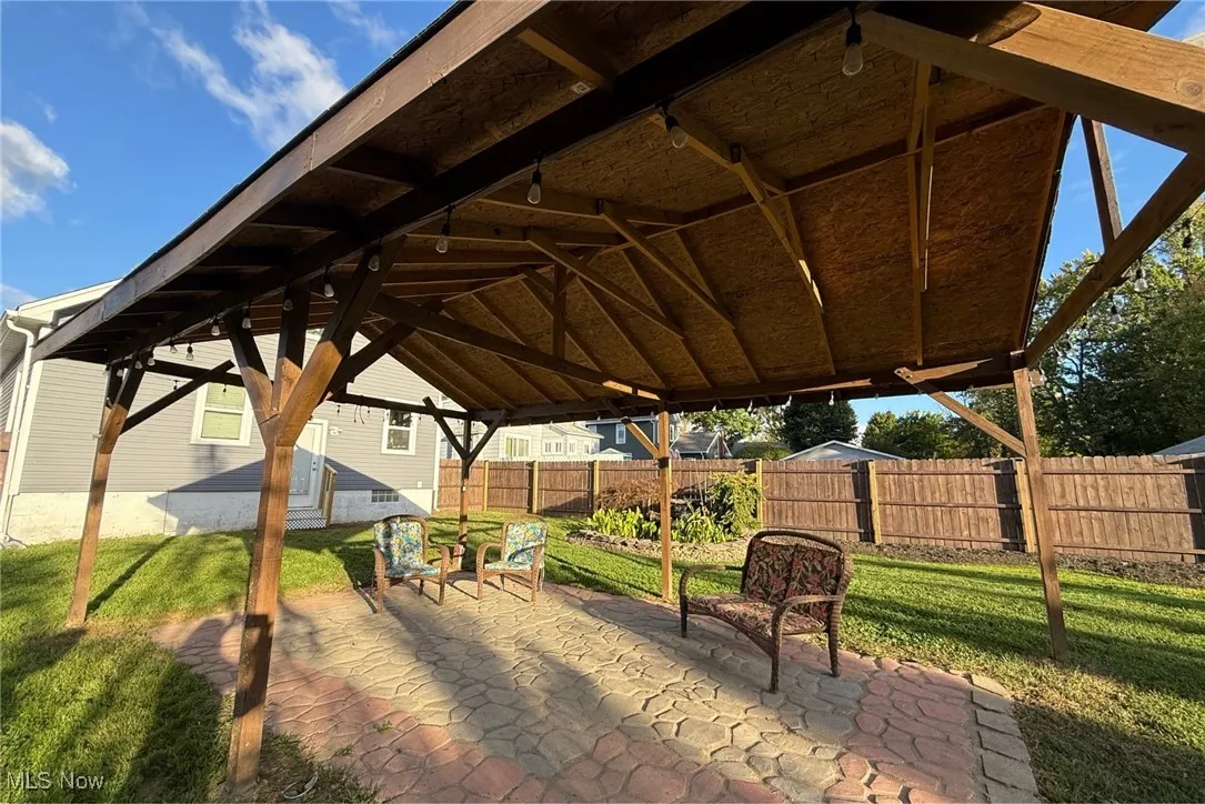 Fenced backyard featuring a patio