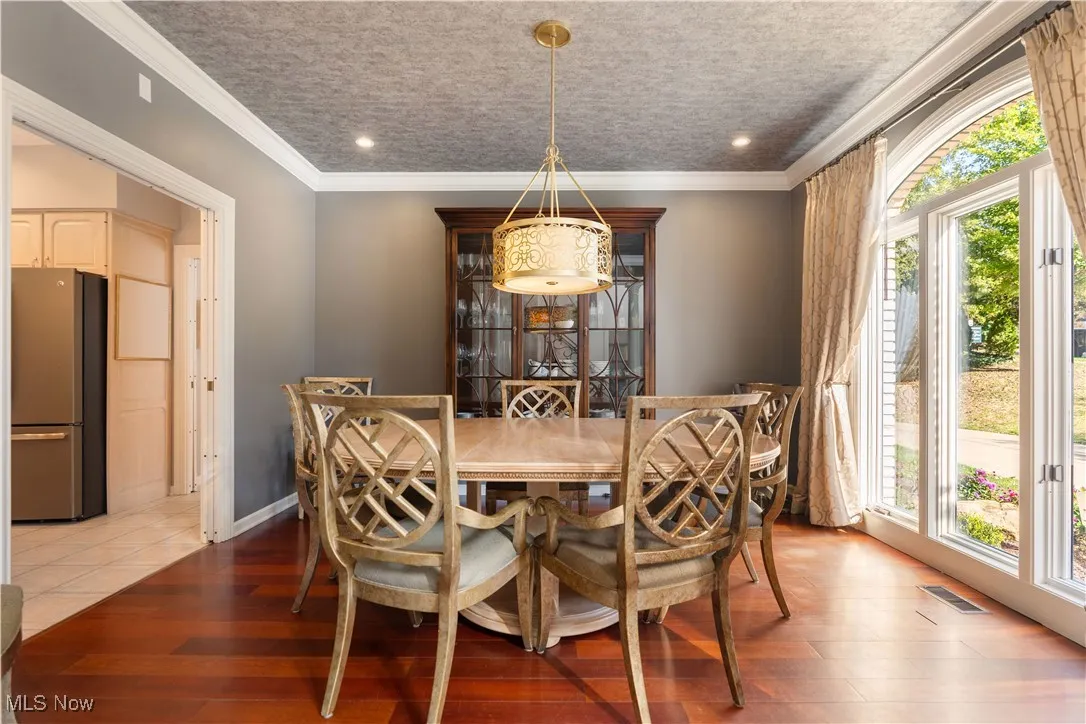 Gorgeous window and lighting fixture in the dining room.