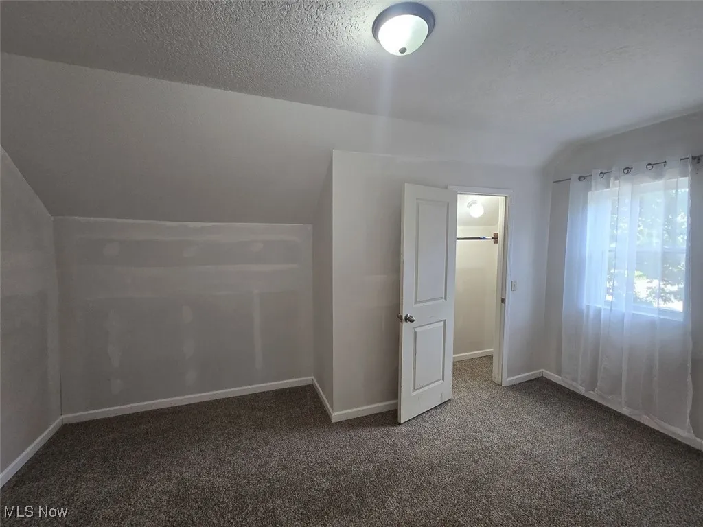 Additional living space featuring carpet flooring, a textured ceiling, and vaulted ceiling