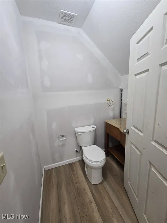 Bathroom featuring a textured ceiling, dark wood-type flooring, and vaulted ceiling