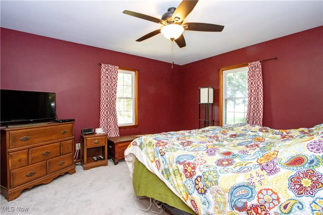 Bedroom with ceiling fan, multiple windows, and light colored carpet