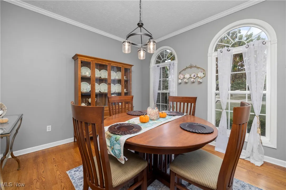 Dining space with crown molding, plenty of natural light, wood finished floors, a textured ceiling, and a chandelier