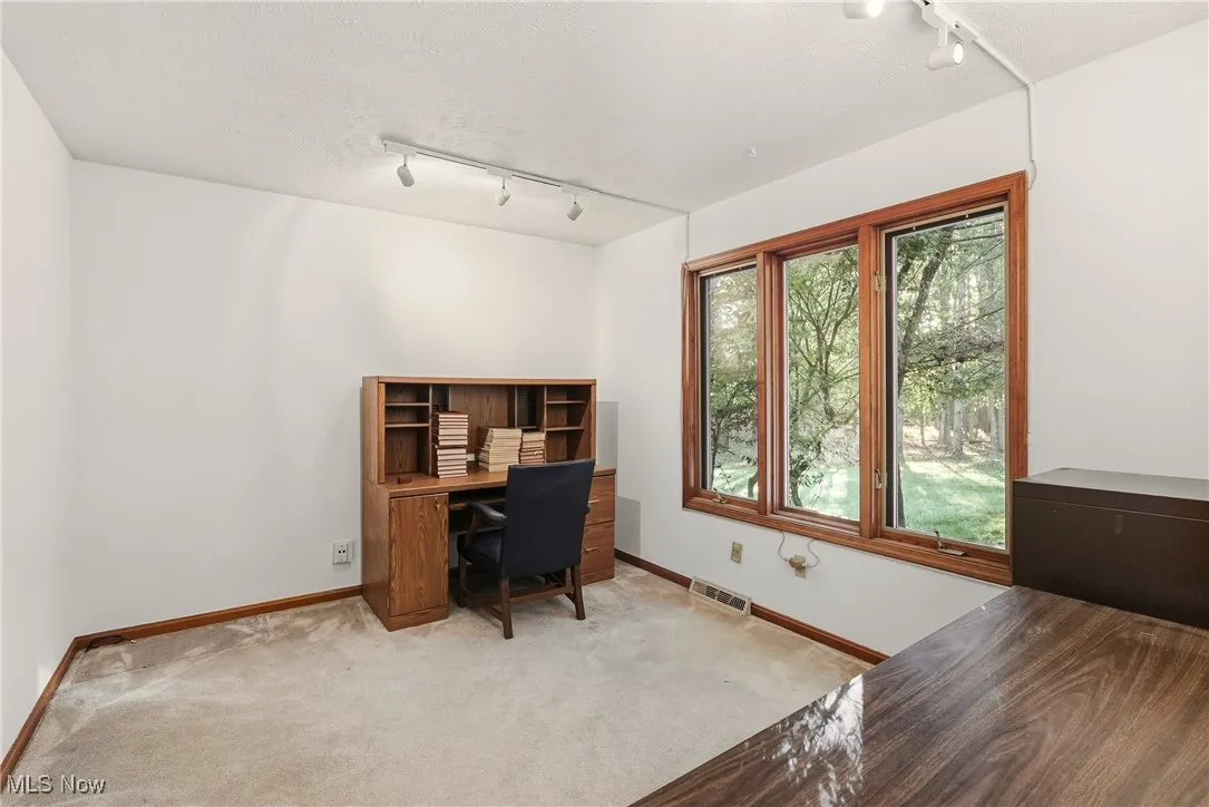 Carpeted home office with track lighting and a textured ceiling