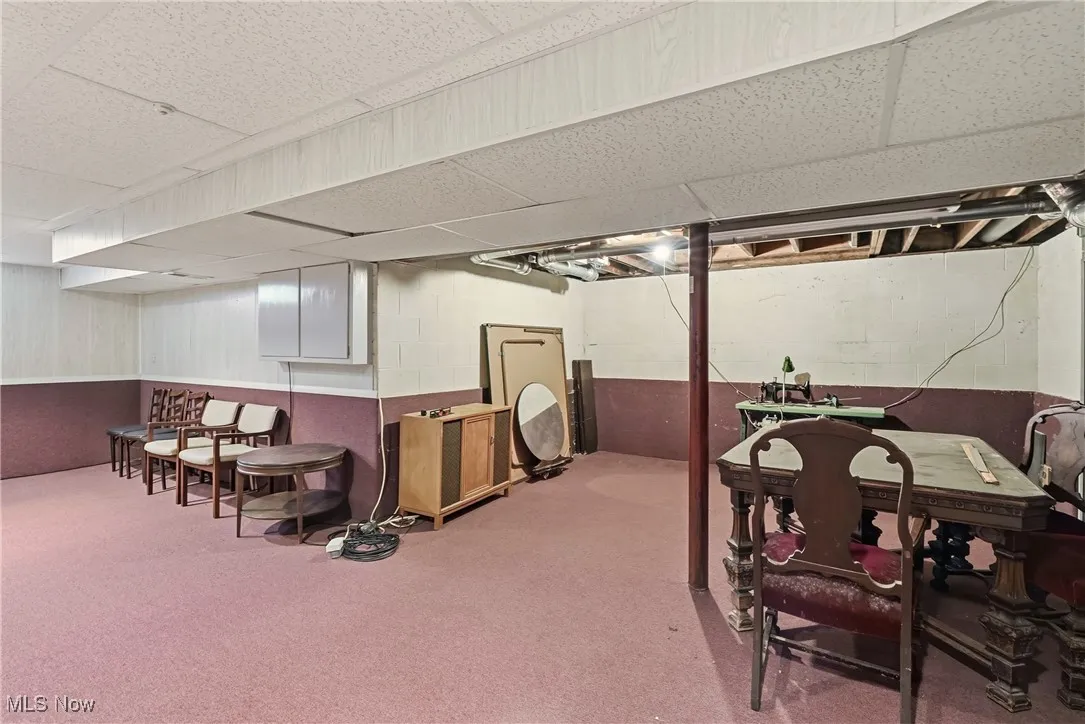 Basement with carpet flooring and a drop ceiling