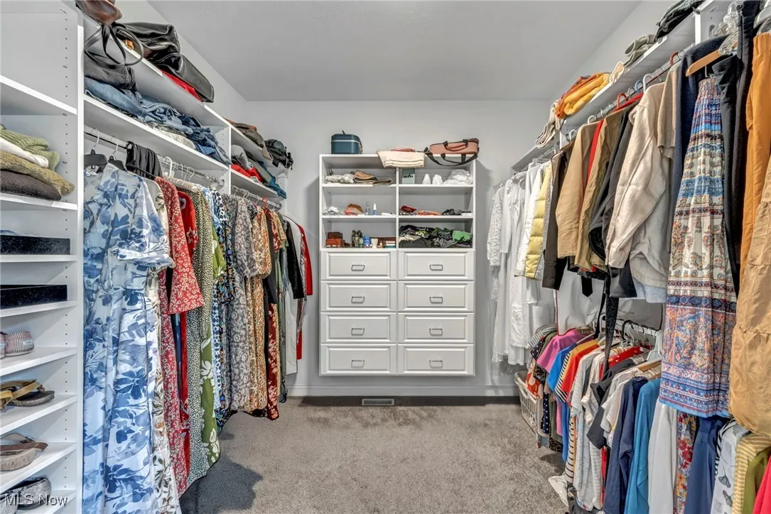 Walk in closet featuring light carpet