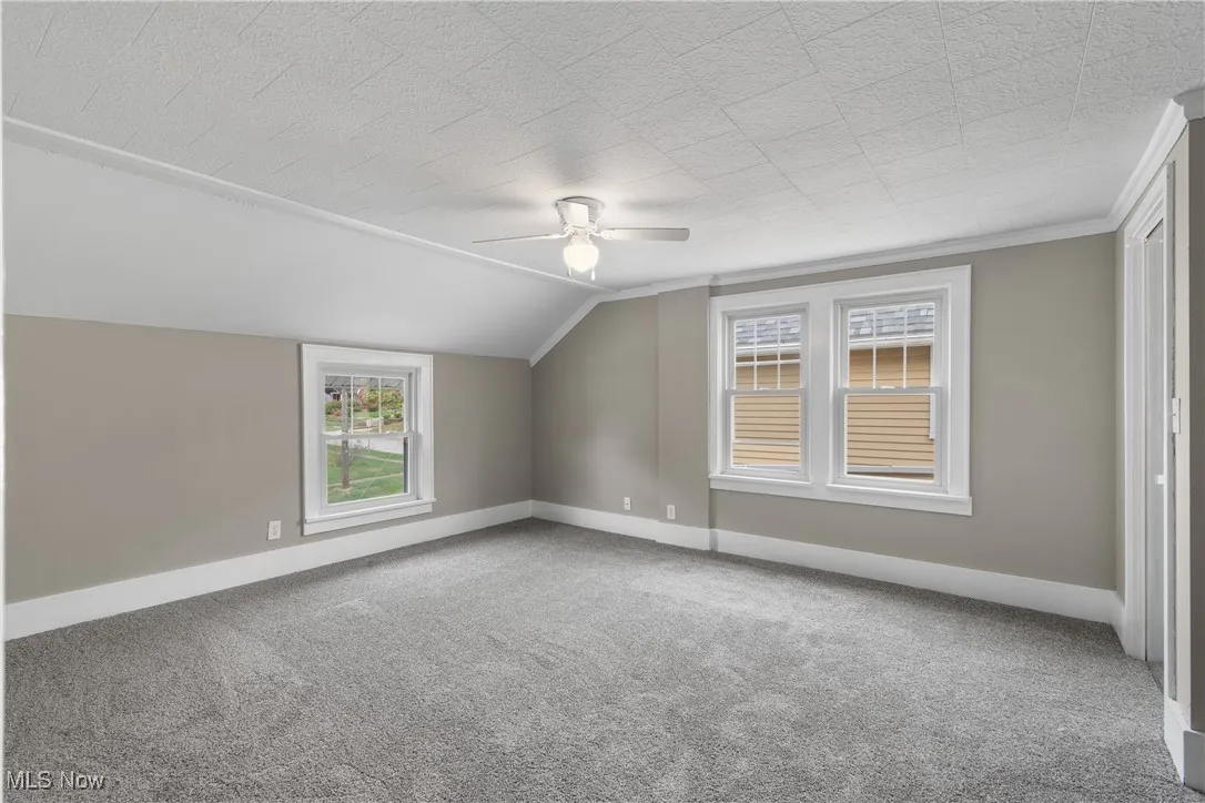 Additional living space featuring vaulted ceiling, ceiling fan, and carpet