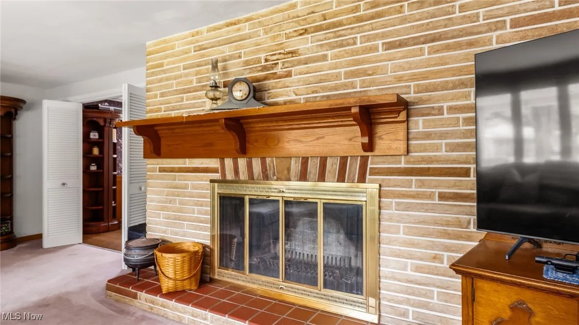 Detailed view of a fireplace and carpet flooring