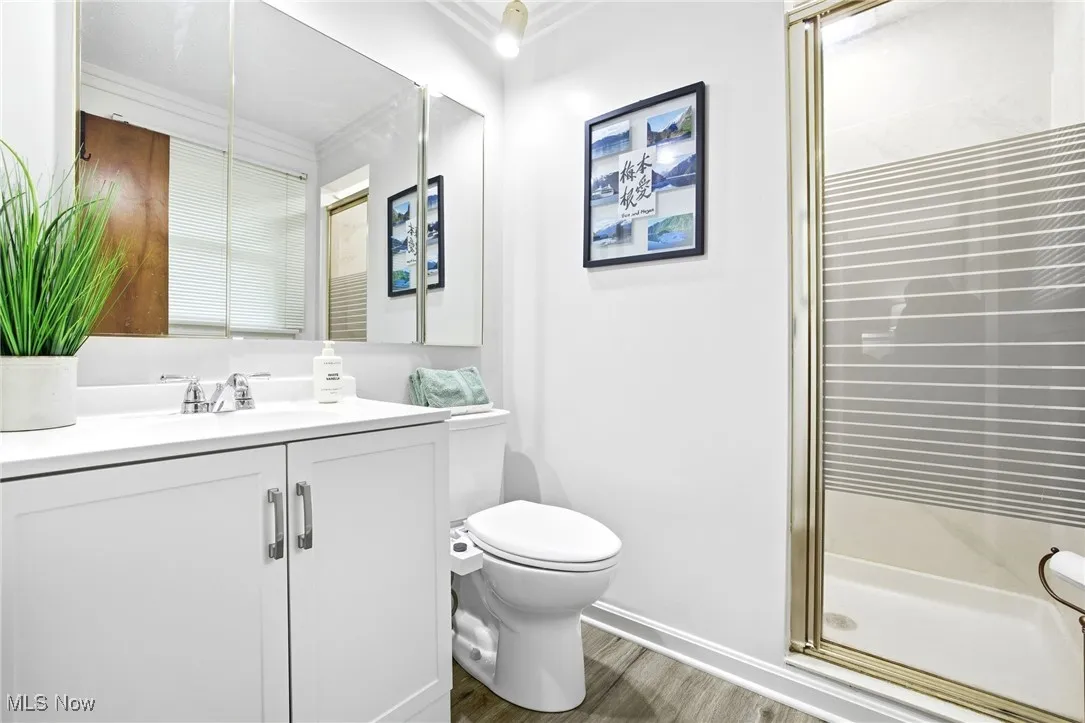 Primary bathroom featuring vanity, LVT floors, toilet, and a stall shower.