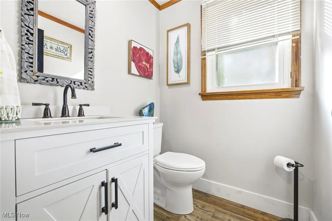 Half bathroom featuring vanity, toilet, and LVT flooring
