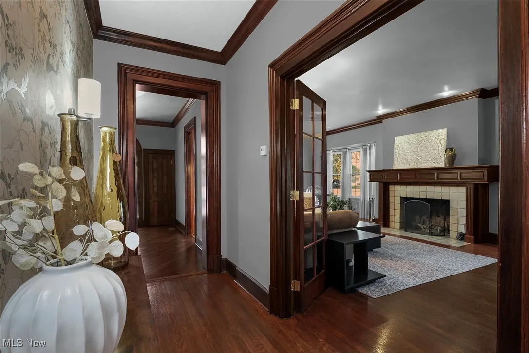 Hallway featuring crown molding and dark wood finished floors