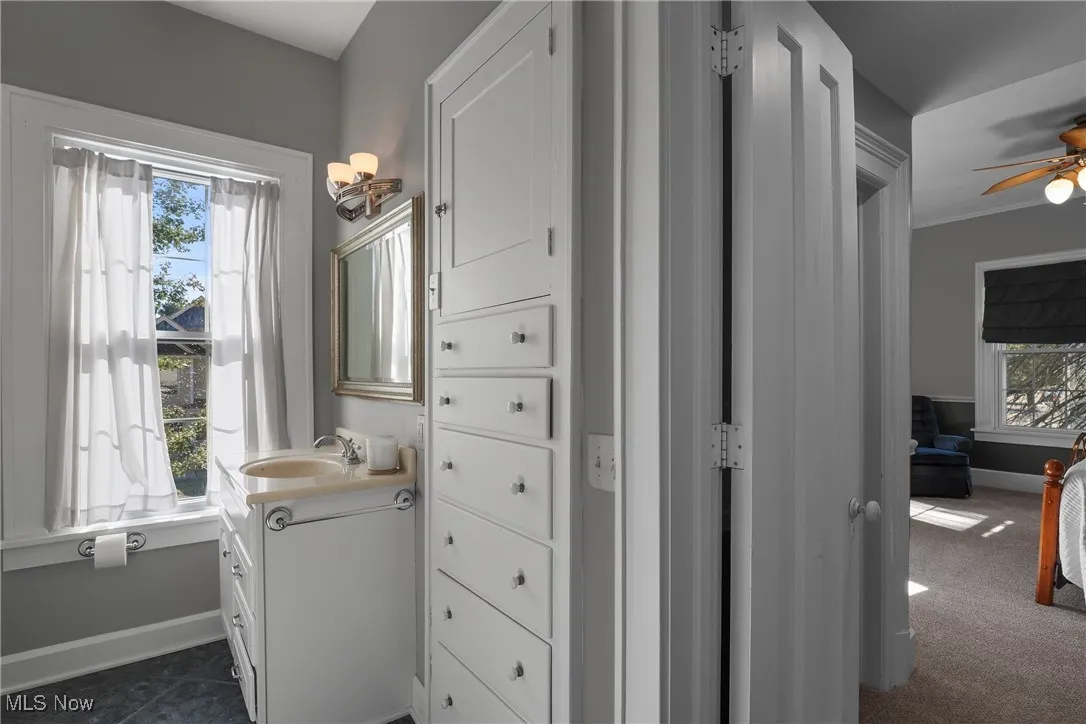 Bathroom with vanity, ceiling fan, and dark carpet