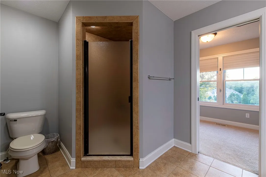 Bathroom with light tile patterned floors, a shower stall, light colored carpet, and a textured ceiling
