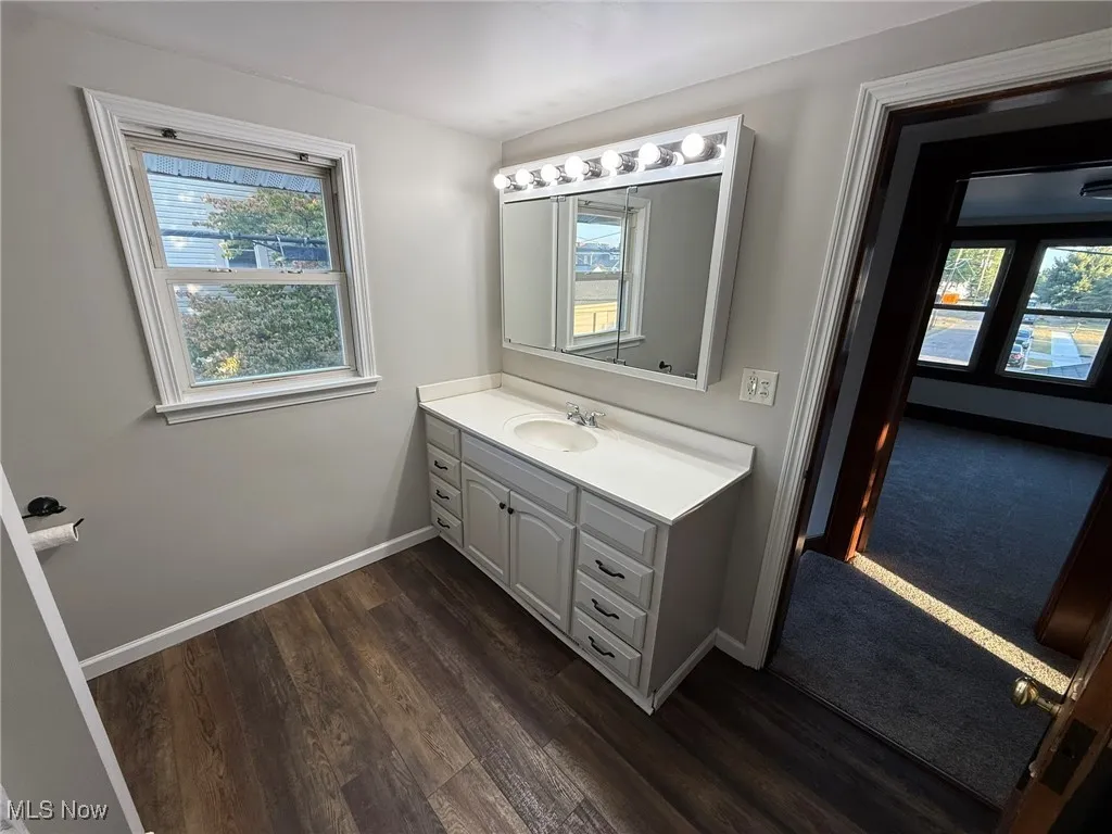 Bathroom with vanity and dark wood-type flooring